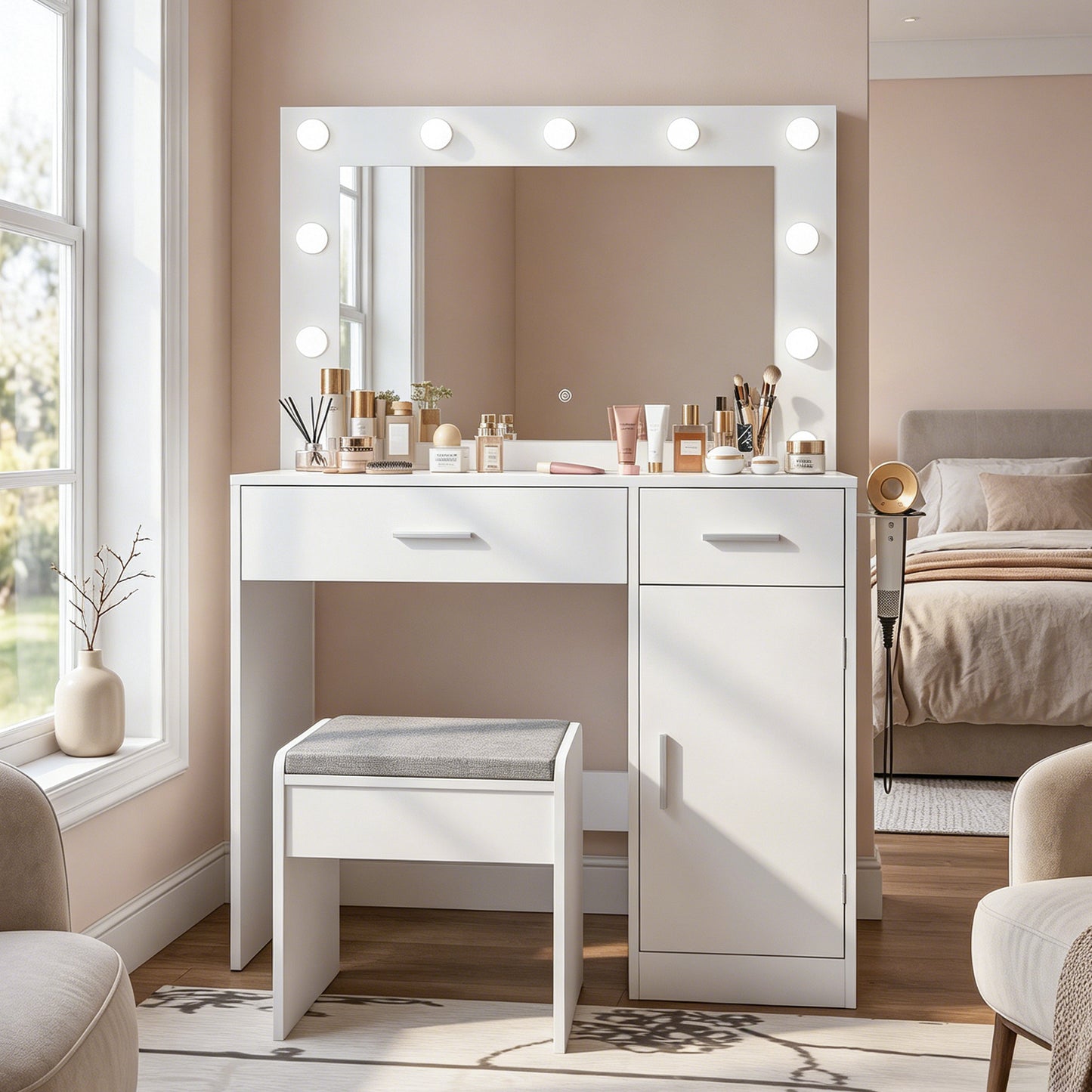 Vanity Desk with Mirror, Large Drawer and Power Socket with 11 Light Bulbs and 3 Adjustable Lighting Modes, Vanity Table Ideal for Bedroom (White) image 1