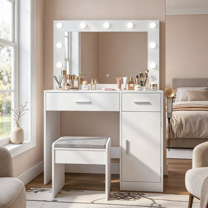 Vanity Desk with Mirror, Large Drawer and Power Socket with 11 Light Bulbs and 3 Adjustable Lighting Modes, Vanity Table Ideal for Bedroom (White) image 1