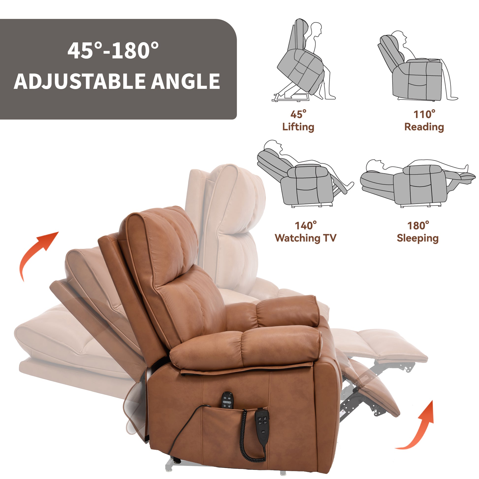 Orange Leatheraire Heat Massage Dual Motor Infinite Position Up to 350 LBS Large Electric Power Lift Recliners with Hidden Cup Holders, Power-Remote, Medium-firm and Heavy Duty image 5