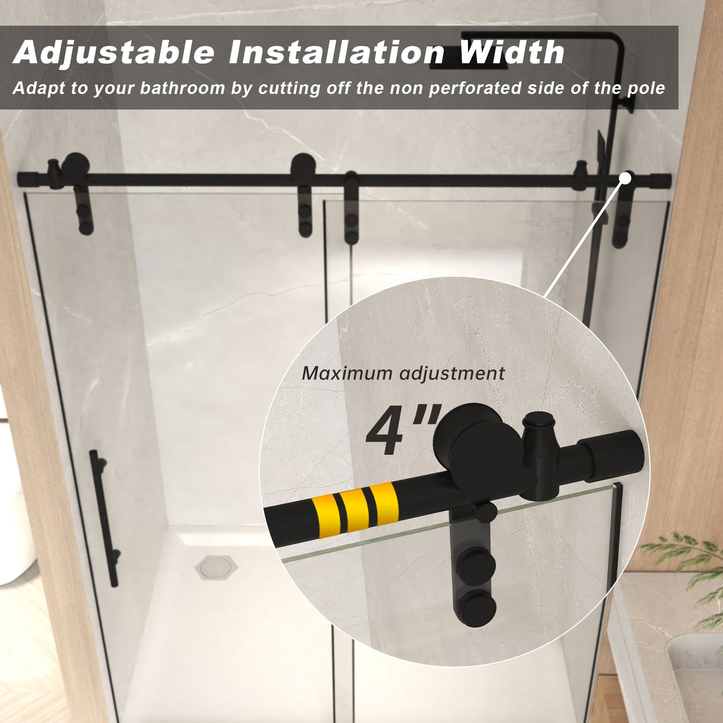 50-54" x 76" H Frameless Sliding Shower Door, 5/16" (8mm) Clear Tempered Glass, Stainless Steel Frame,Matte Black image 6