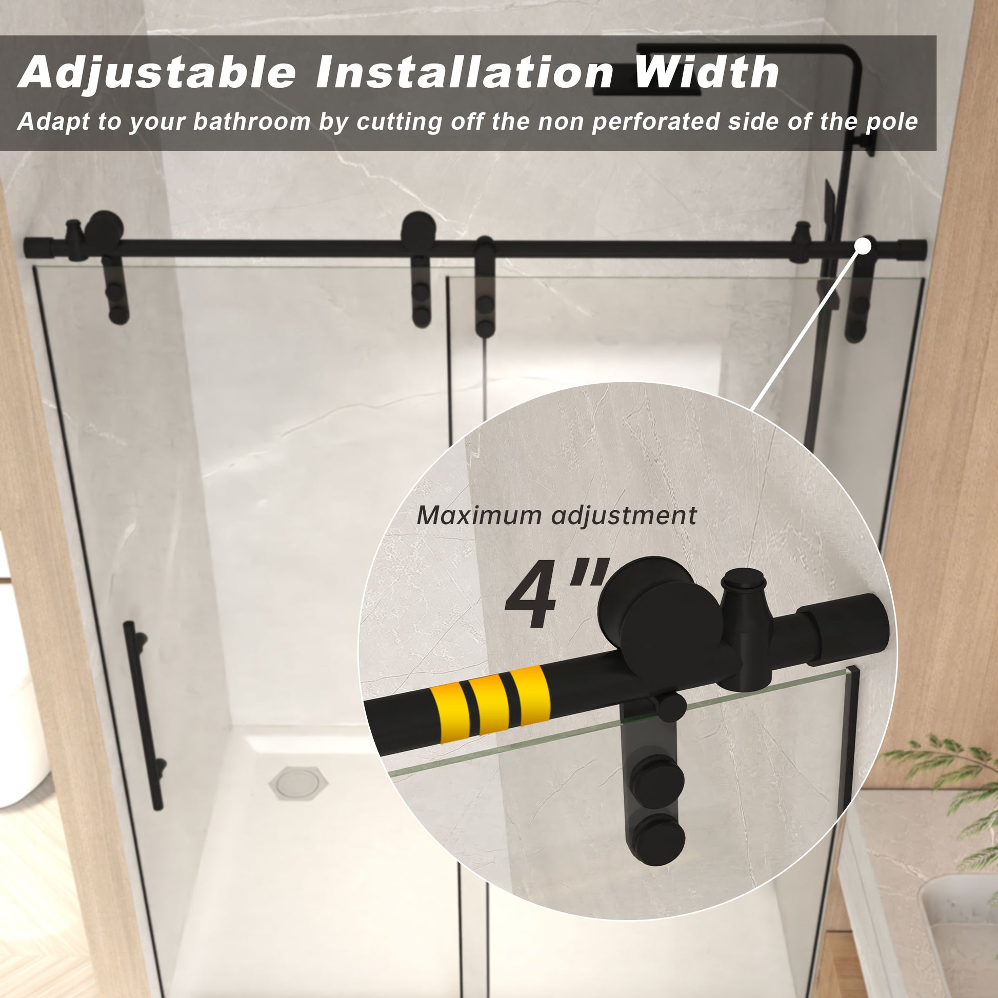 50-54" x 76" H Frameless Sliding Shower Door, 5/16" (8mm) Clear Tempered Glass, Stainless Steel Frame,Matte Black image 6