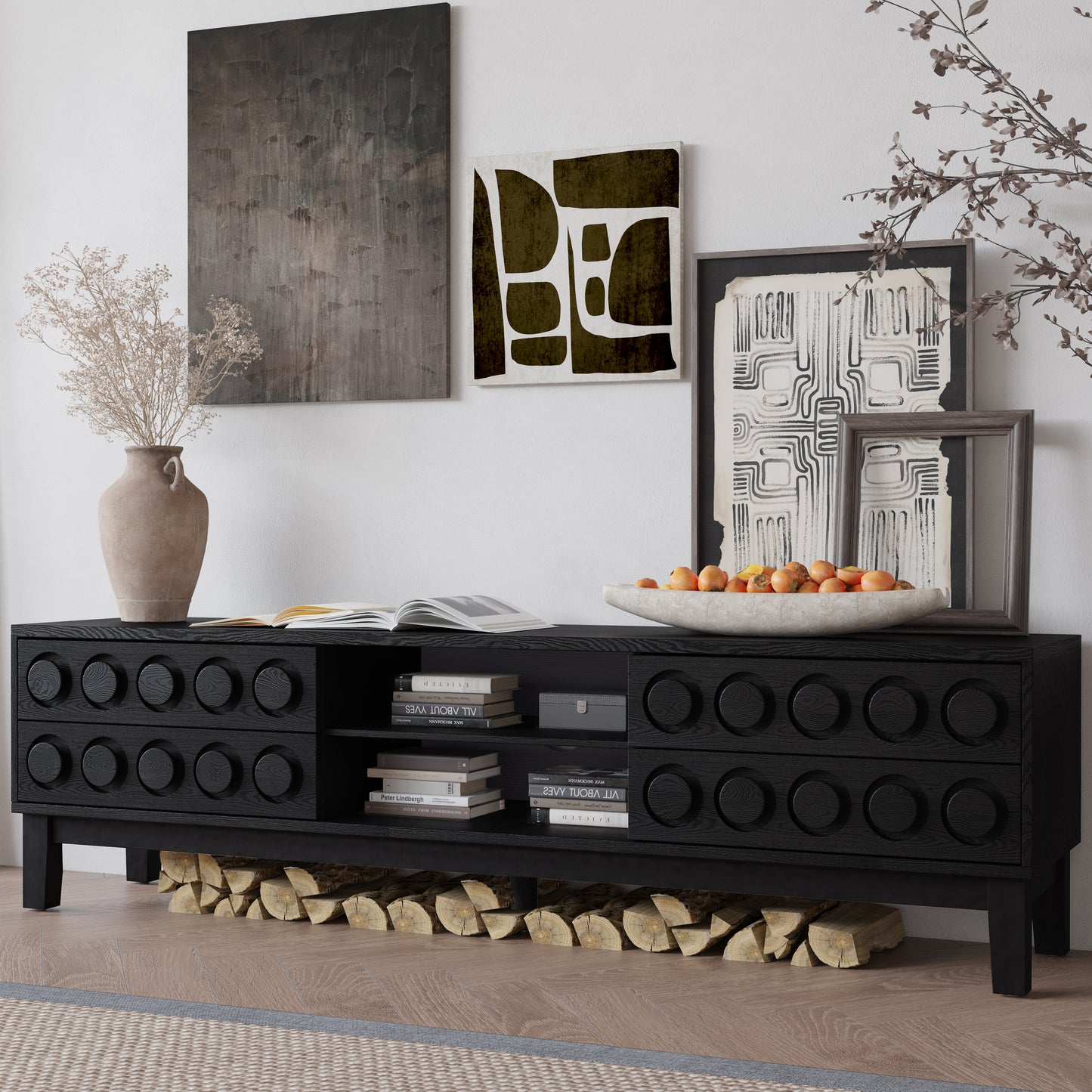 Modern Mid-Century Media Console with 4 Drawers and Cable Management, TV Console Table for TVs up to 75",Entertainment Center for Living Room and Office(Black) image 8