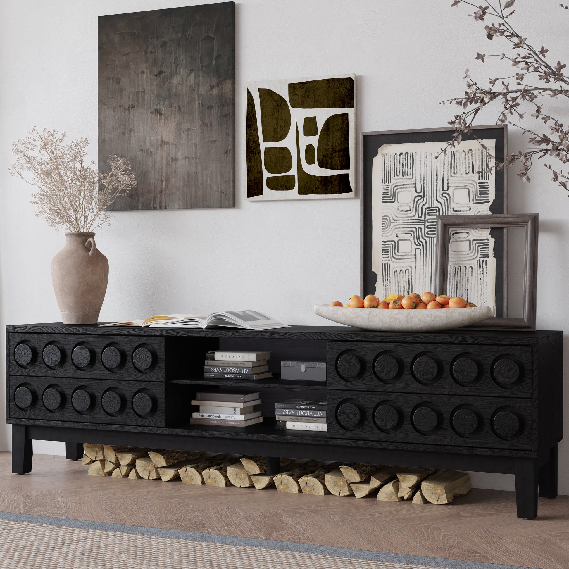 Modern Mid-Century Media Console with 4 Drawers and Cable Management, TV Console Table for TVs up to 75",Entertainment Center for Living Room and Office(Black) image 8