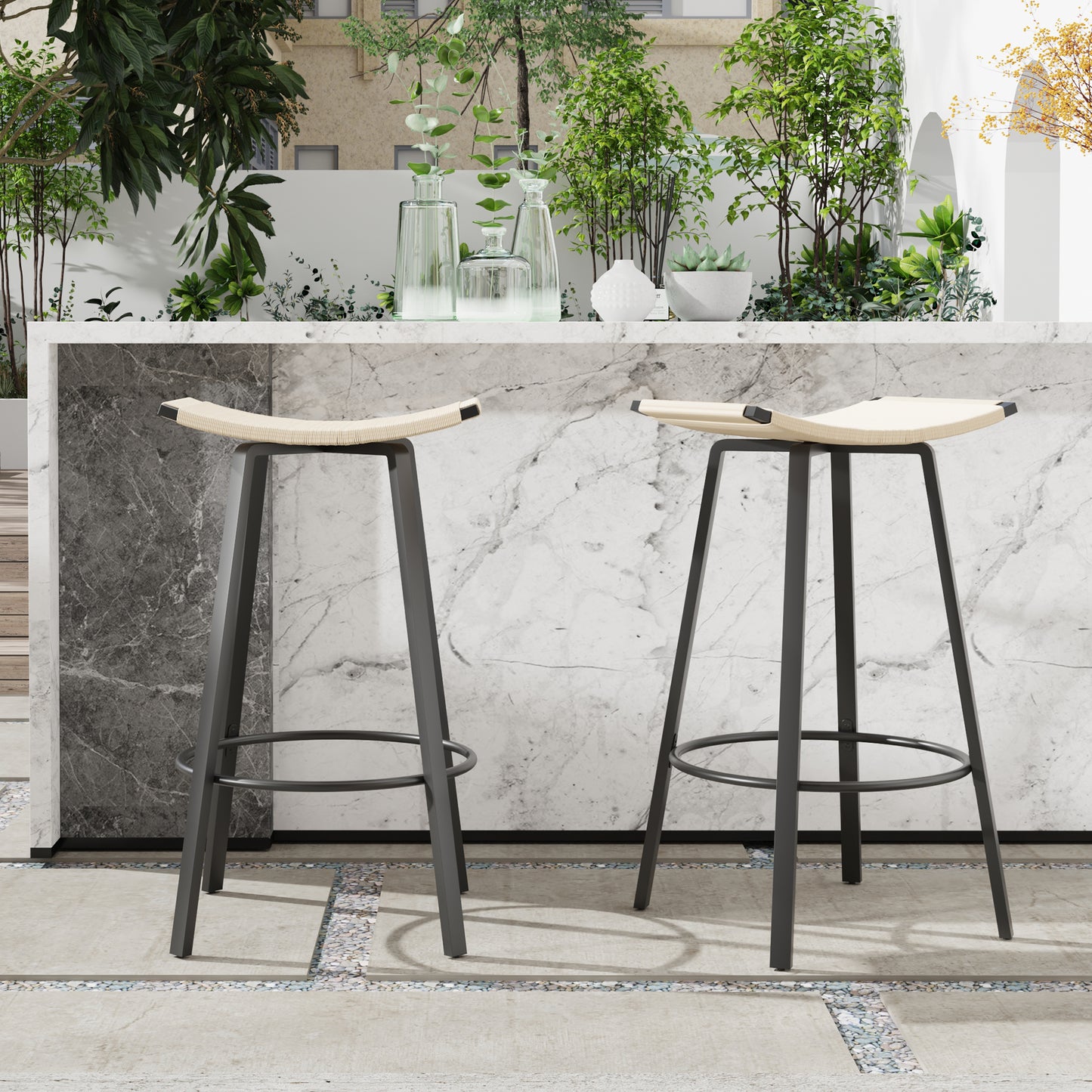 Counter Height Bar Stools Backless Handwoven Kitchen Dining Chairs with Round Footrest Set of 2 PVC Weaving Pub Stool for Indoor & Outdoor (Black & Creamy White) image 3