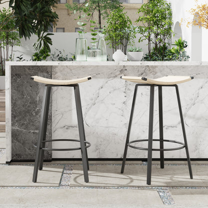Counter Height Bar Stools Backless Handwoven Kitchen Dining Chairs with Round Footrest Set of 2 PVC Weaving Pub Stool for Indoor & Outdoor (Black & Creamy White) image 3