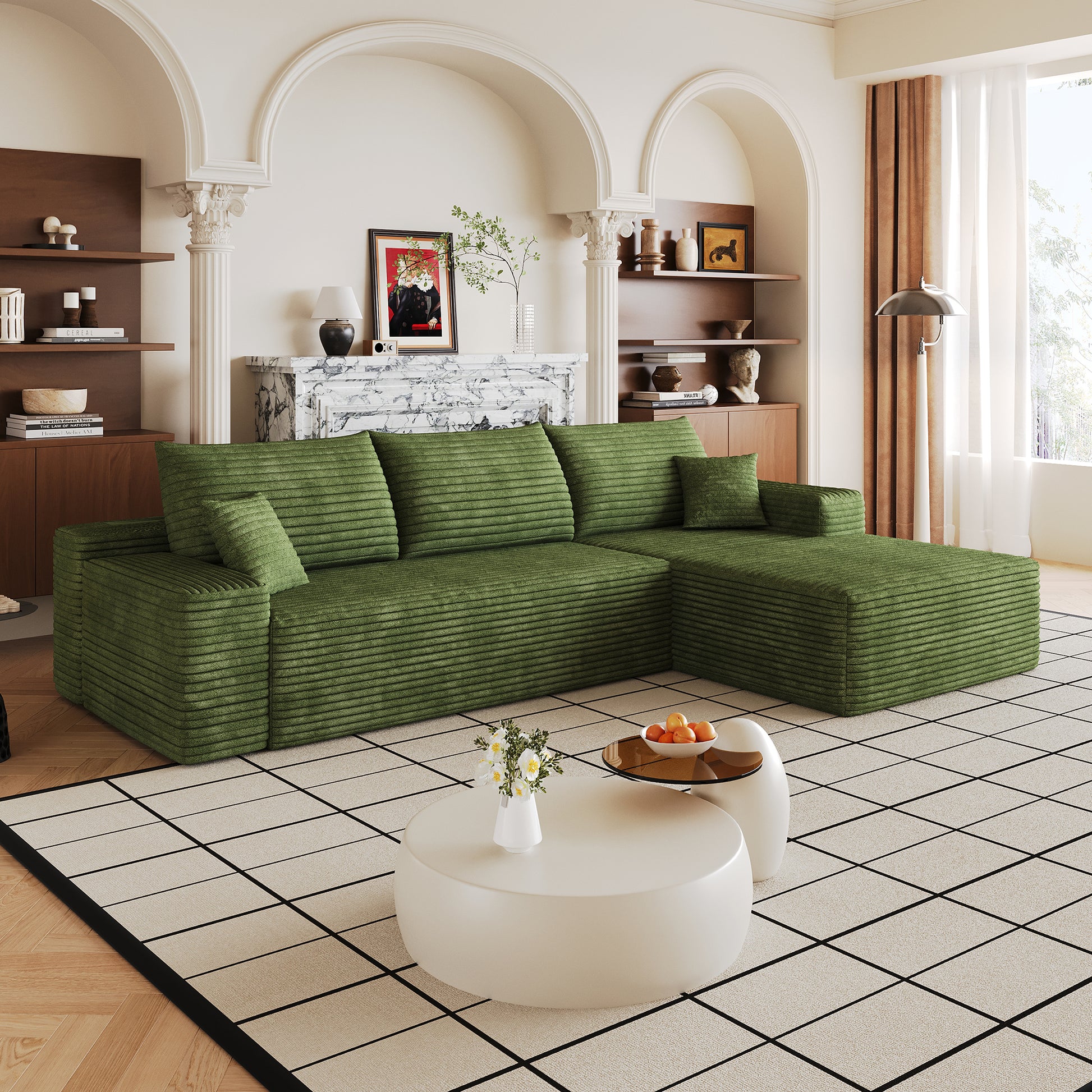107" Cloud Sectional Couch with L-Shape Chaise,Modern Modular Sofa with Deep Seat, Upholstered Couches for Living Room Bedroom,No Assembly Required, (Plush Corduroy Fabric),Green image 2