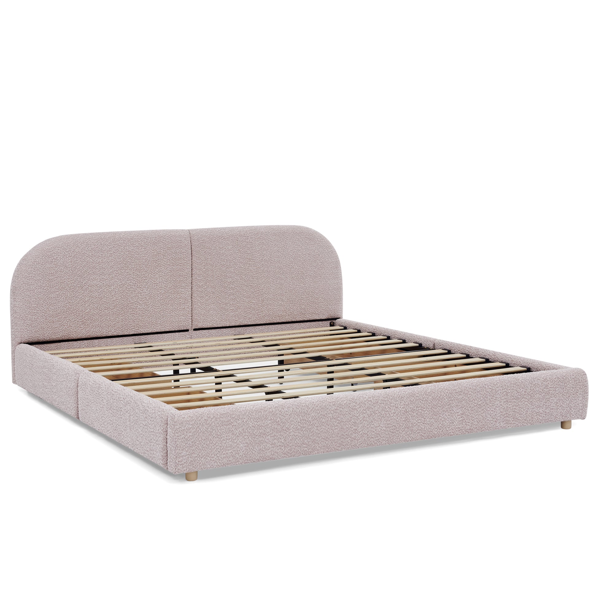 King Size Upholstered Bed Frame Modern Minimalist Style - Circle Yarn Fabric, Tall Curved Headboard, Sturdy Leg Support & Wheeled Drawer Storage, Mattress Not Included - Pink image 10