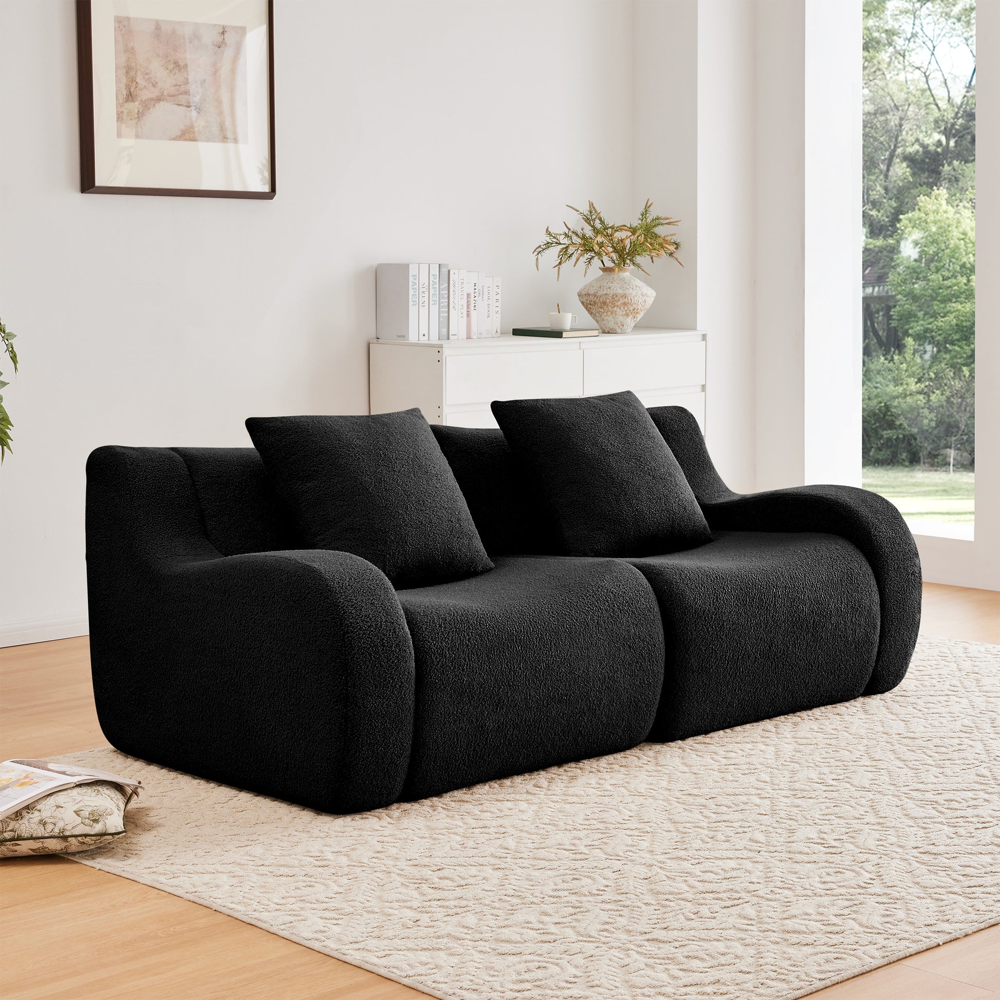 Soft Teddy Fabric Boneless Sofa,No Assembly Required Streamlined Design,Anti-Slip Design 32D High Density Sponge Fits Living Rooms Bedrooms,Black image 1