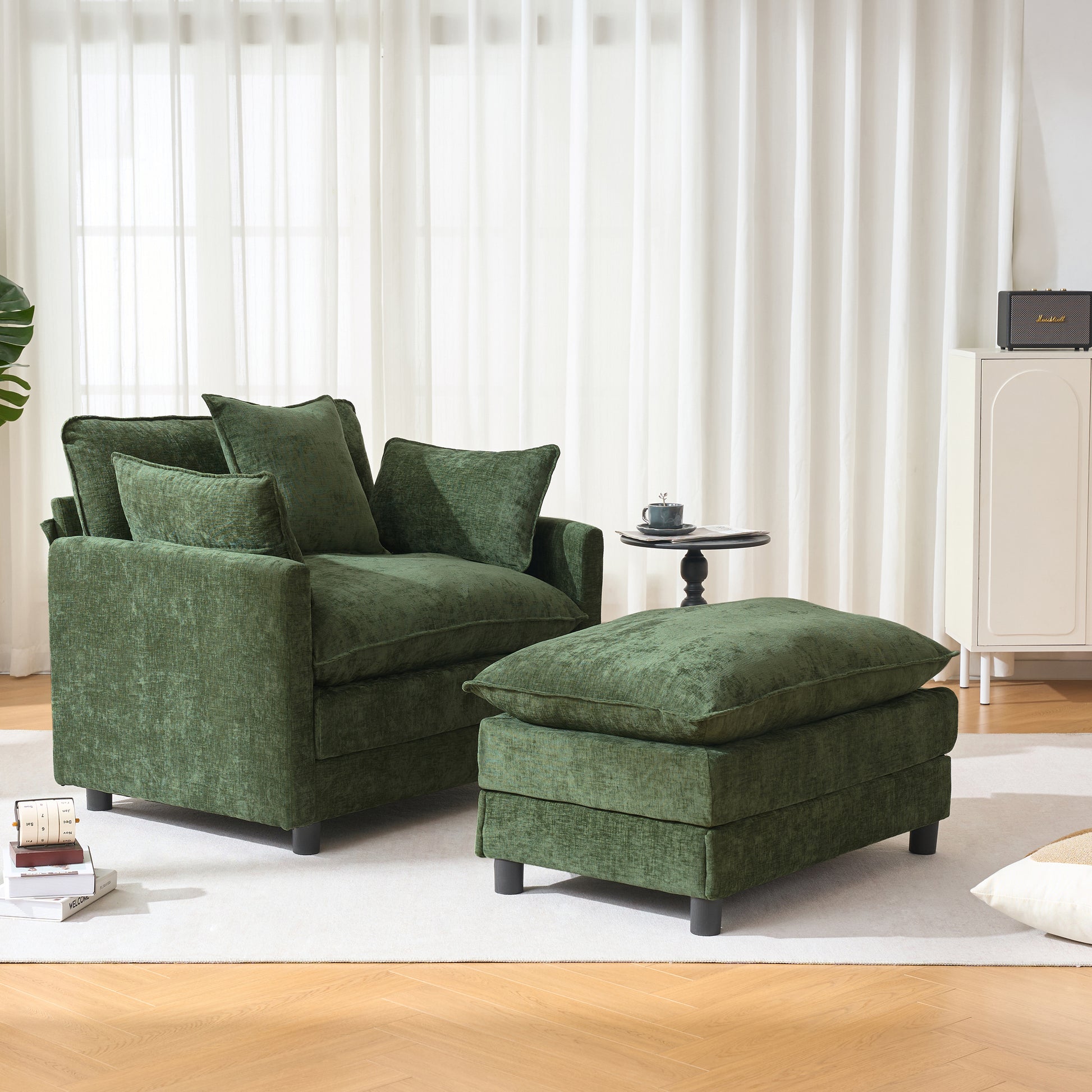 39.4" Modern Accent Chair with Ottoman, Living Room Club Chair Chenille Upholstered Armchair, Reading Chair for Bedroom, Green Chenille image 8