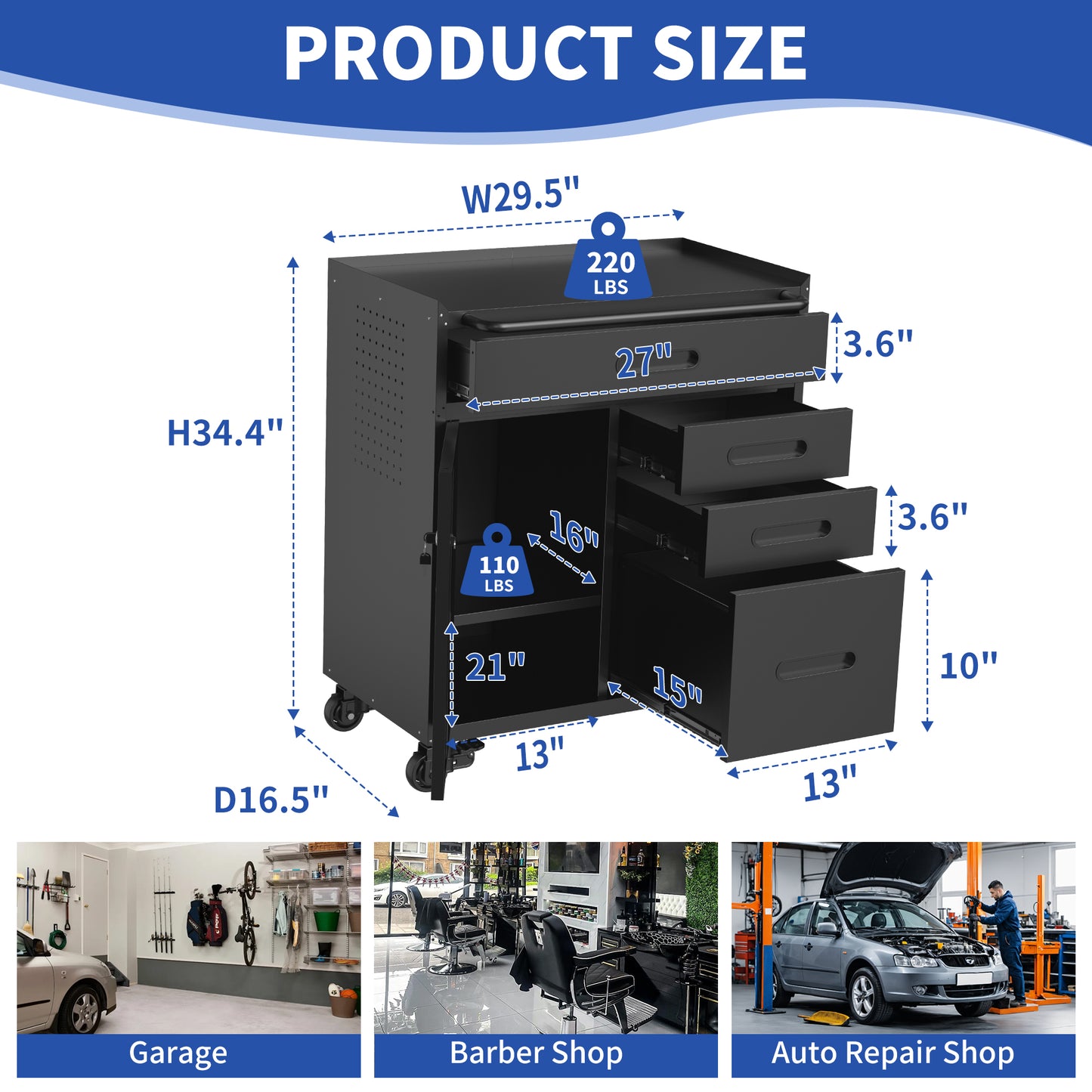 34.3" Mobile Tool Storage Cabinet - Garage Organizer with Lockable Compartment & 4 Drawers, Rolling Steel Chest for Workshop and Home Garage image 10