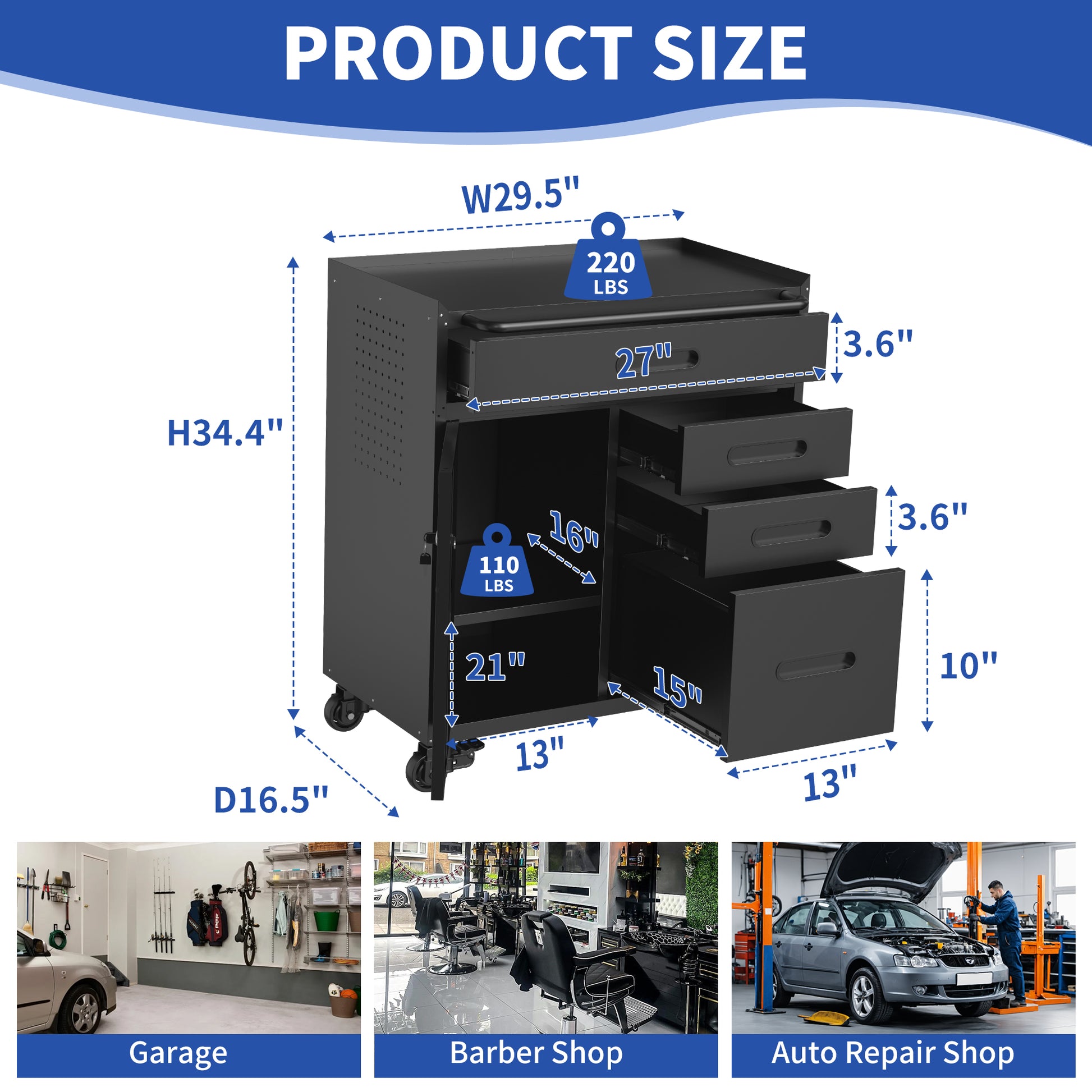34.3" Mobile Tool Storage Cabinet - Garage Organizer with Lockable Compartment & 4 Drawers, Rolling Steel Chest for Workshop and Home Garage image 10