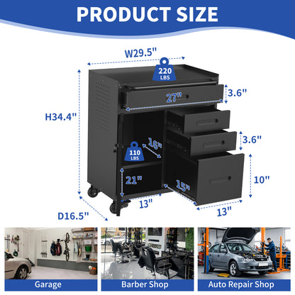 34.3" Mobile Tool Storage Cabinet - Garage Organizer with Lockable Compartment & 4 Drawers, Rolling Steel Chest for Workshop and Home Garage image 10