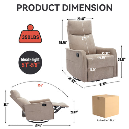 Heat Massage Manual Recliner Chair with Rocker and Swivel in Fabric for Living Room, Khaki image 2