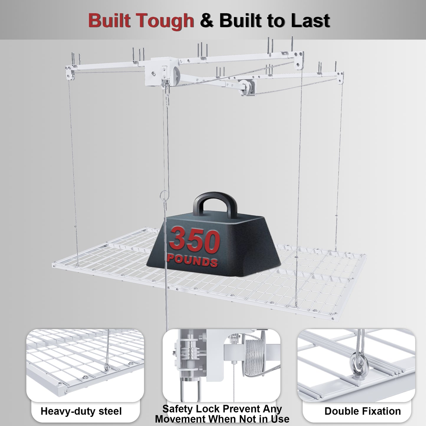 White Overhead Garage Storage Rack 4x8 FT for High Ceilings 10-12 FT, 350LBS Capacity All-Steel Construction with Safety Lock (Installation Required, Heavy-Duty Garage Organizer) image 8