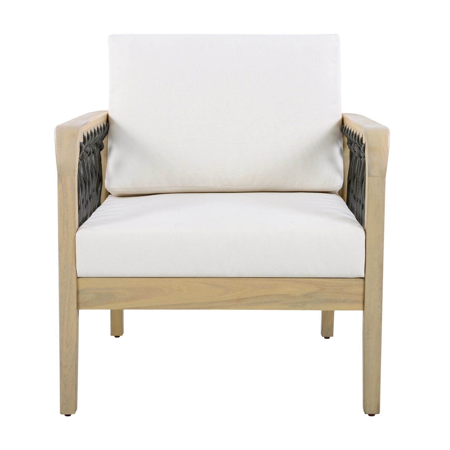 4-Piece Acacia Wood Outdoor Patio Furniture Set, All-Weather Conversation Sofa Set with Rope Woven Armrests, Removable Cushions for Backyard Garden,Light teak+Dark grey rope+Cream cushion image 7