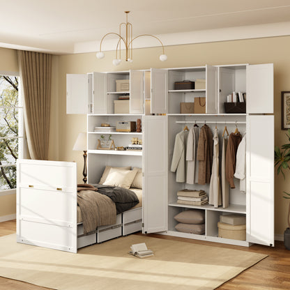 Twin Size Murphy Cabinet Bed with Wardrobe & Storage Shelves, 5-Tier LED Display Shelves, Overhead Cabinets, White image 2