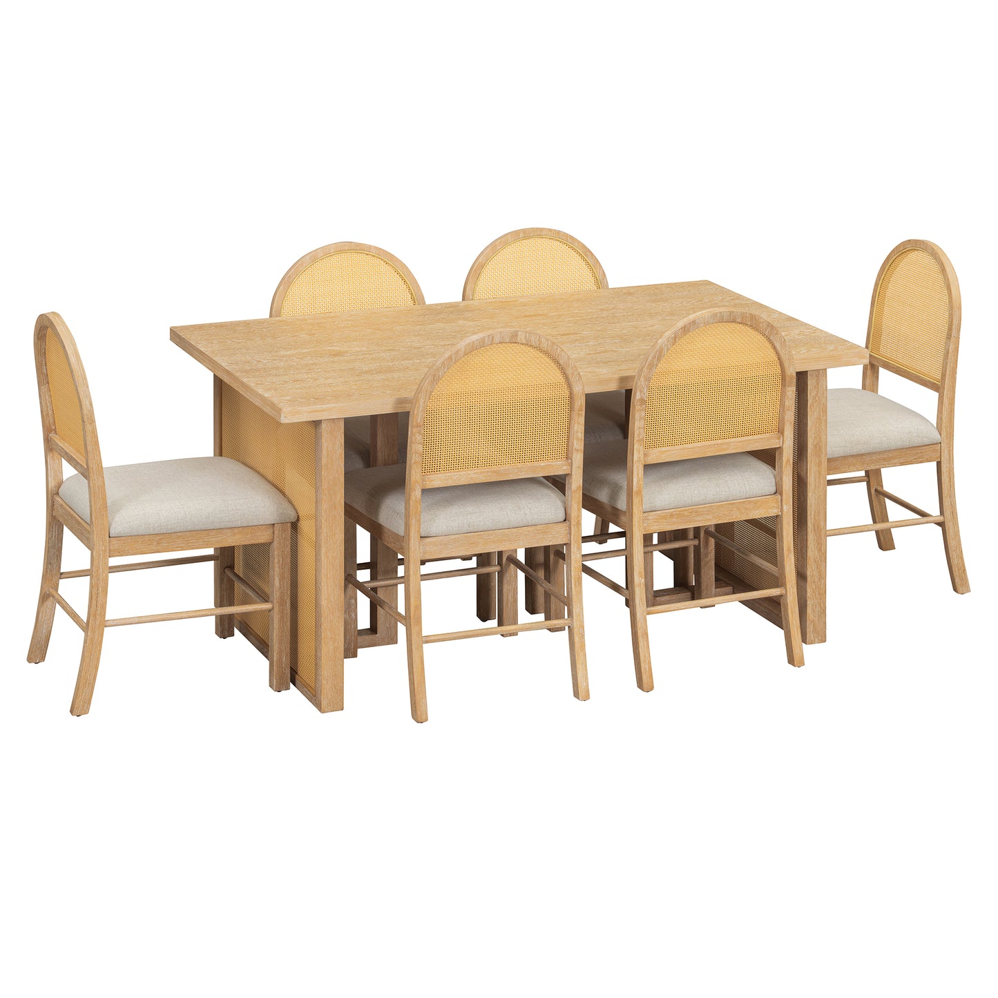 TREXM 7-Piece Farmhouse Dining Table Set for 6 - 59.8" Rectangular Dining Table with Distressed Oak Veneer and 6 Rattan Chairs, Rustic Kitchen Furniture for Dining Room(Natural) image 6