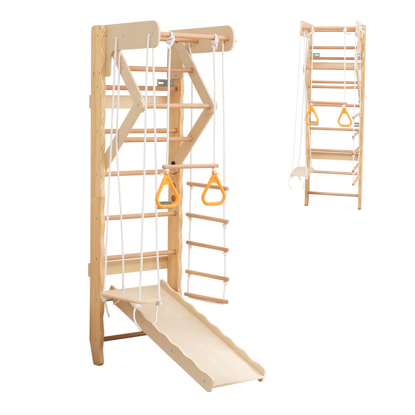 6-in-1 Swedish Ladder Wall Gym, Indoor Kids Playground with Swing, Rope Ladder, Pull-Up Bar, Slide, Gymnastic Rings, Wooden Wall Mounted Indoor Play Set for Kids & Adults image 11