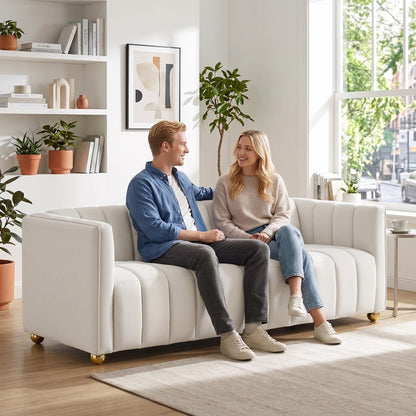 Modern Glam Vertical Channel Tuft Sofa, 82.7" Wide Leather Look Fabric Couch with Continuous Seat, Sturdy Wood Frame Comfort Cushioned Sofa for Apartment Lounge image 2