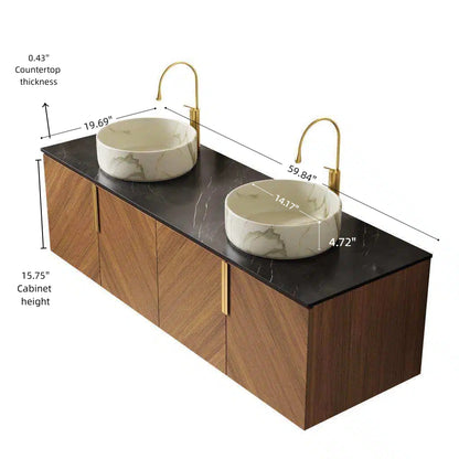 ARAI 60" Bathroom Vanity&Sinks, Floating Plywood Bathroom Storage Cabinet with 4 Doors, 2 White Round Ceramic Basins with Stone Pattern&Black Sintered Stone Countertop, Brown Oak Woodgrain (New SKU) image 5