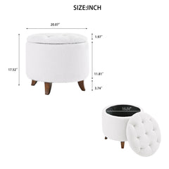 Round Ottoman storage stool with Cover Lid,Decorate the living room and bedroom with round teddy fleece storage Ottoman (White)