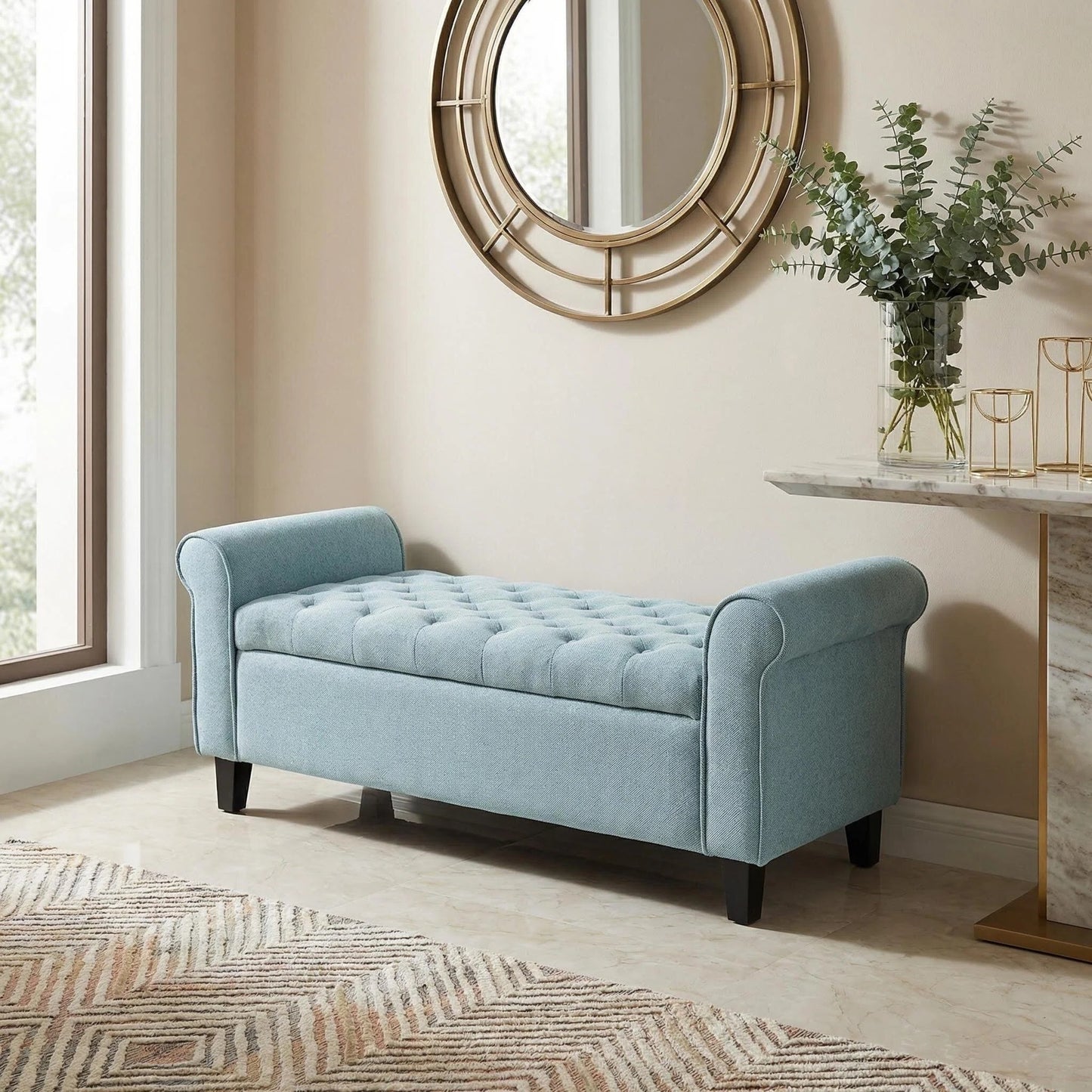 Light Blue Fabric Storage Bench with Rolled Arms, 38" Seat Width, Black Legs, Button Fabric Design, Living Room Bedroom Entryway Furniture image 1