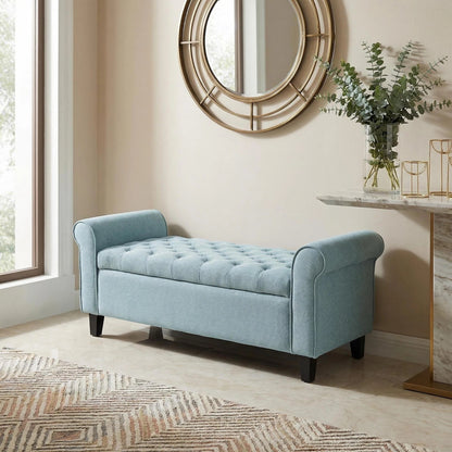 Light Blue Fabric Storage Bench with Rolled Arms, 38" Seat Width, Black Legs, Button Fabric Design, Living Room Bedroom Entryway Furniture image 1