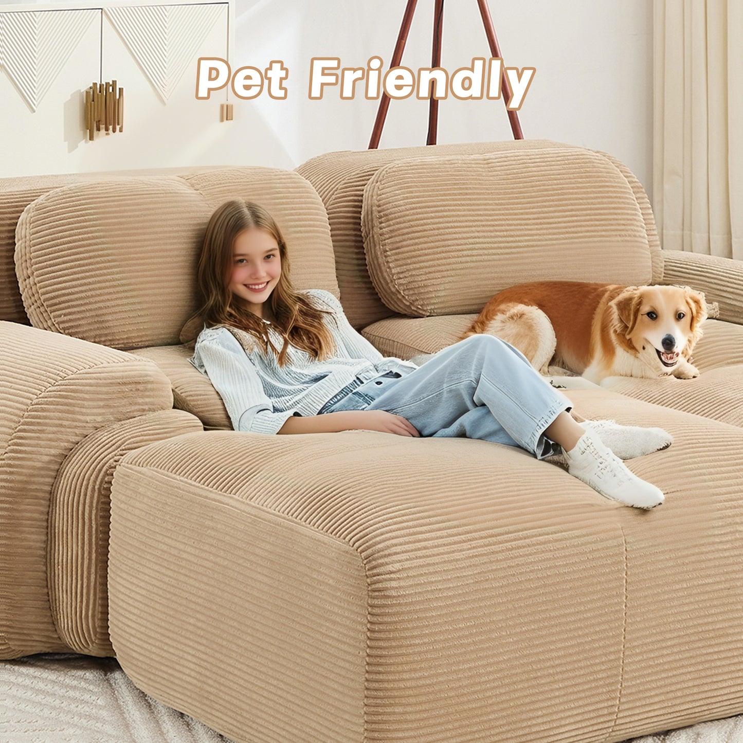 L-shaped modular sofa no assembly ergonomic design pet-friendly luxuryCorduroy Fabric fabric extra-wide curved armrests 32D high-resilience sponge for living rooms bedroom,Camel image 9