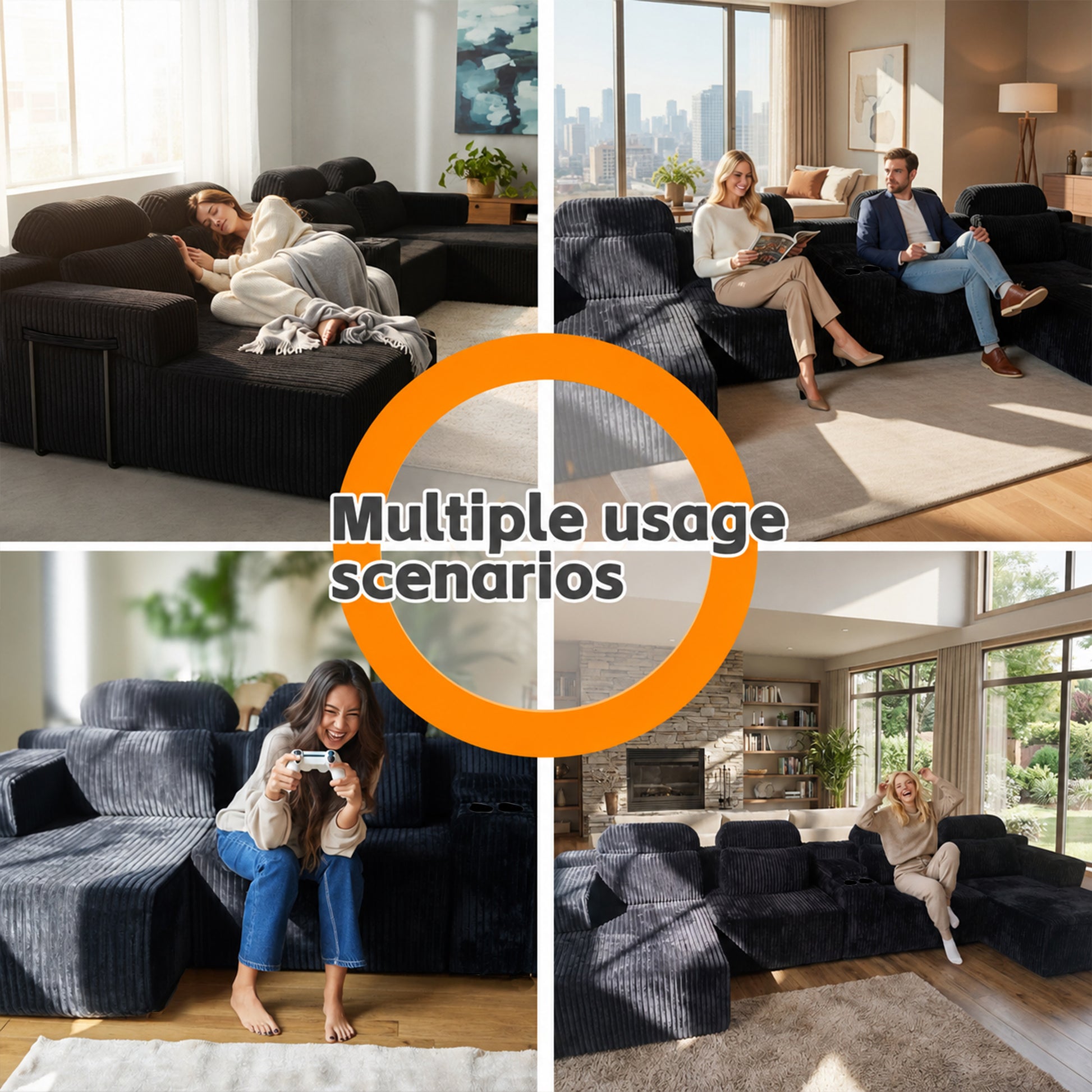 Modern Black corduroy 6-seater U-shaped sofa with lounge chair and cup holder -145.7 inch oversized modular compression sofa, suitable for home theaters, luxury living spaces, tool free assembly image 6