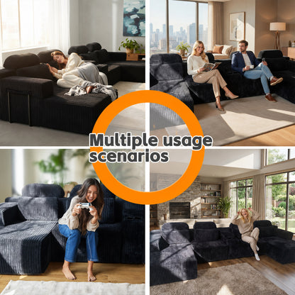 Modern Black corduroy 6-seater U-shaped sofa with lounge chair and cup holder -145.7 inch oversized modular compression sofa, suitable for home theaters, luxury living spaces, tool free assembly image 6