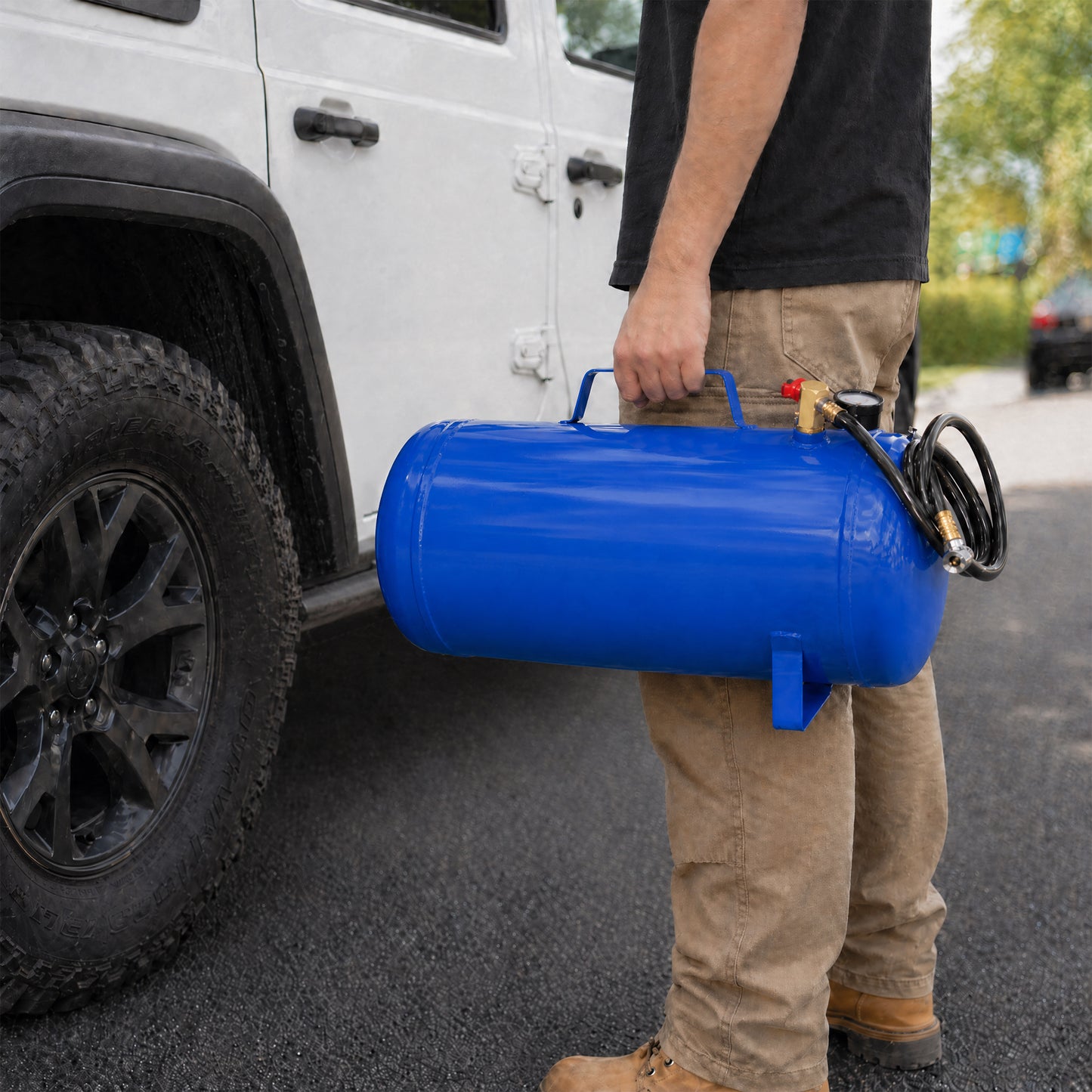 Portable 11 Gallon Air Tank, Lightweight Durable Air Compressor Tank with Pressure Gauge, Safety Valve and 47 Inch Hose for Easy Tool Connection,Blue Colo image 8