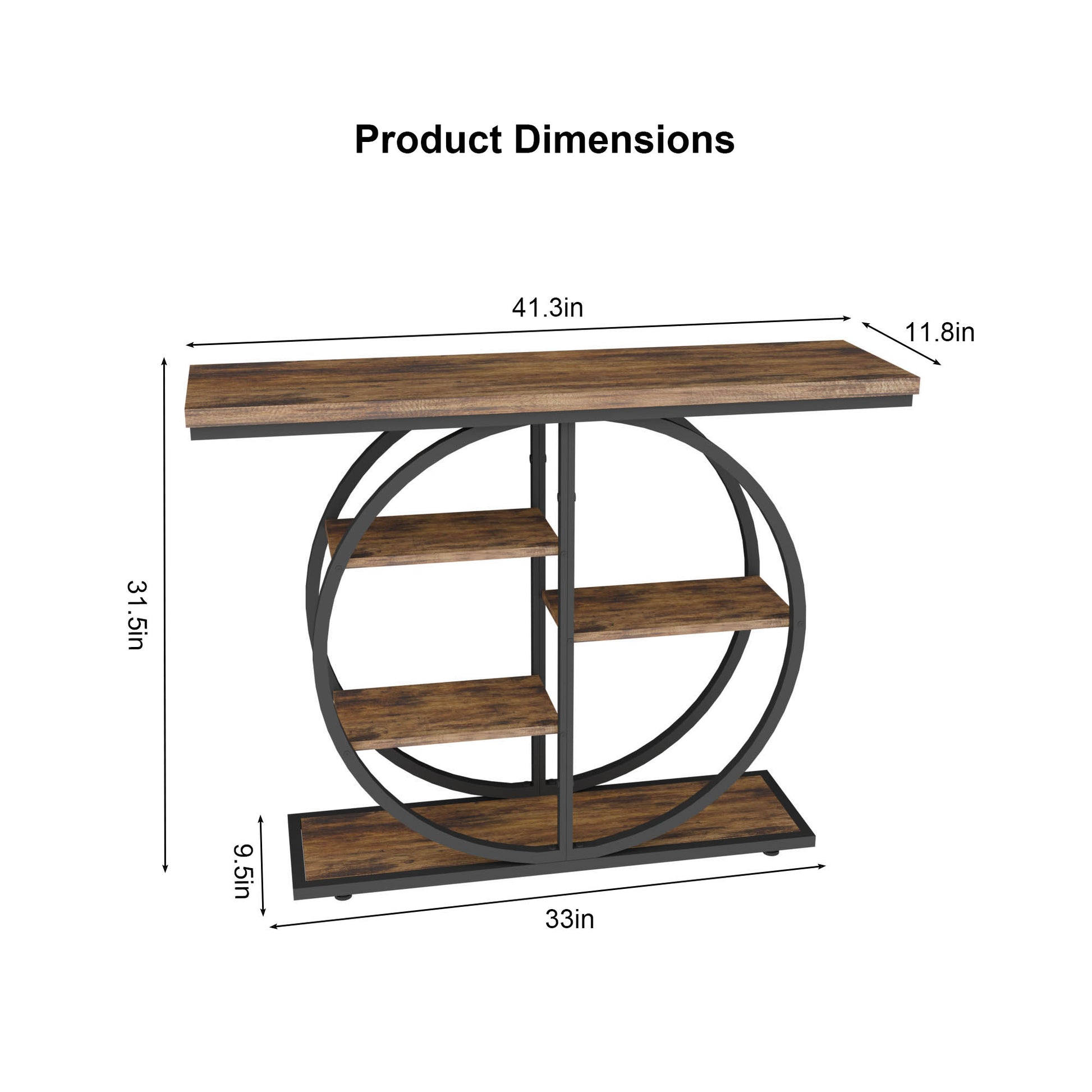 41.3 Inch Industrial Console Table for Entryway, Narrow Sofa Table with Storage Shelves & Circle Base, Rustic Brown Accent Furniture for Hallway, Foyer, Entrance, Living Room image 4
