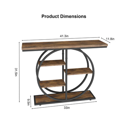 41.3 Inch Industrial Console Table for Entryway, Narrow Sofa Table with Storage Shelves & Circle Base, Rustic Brown Accent Furniture for Hallway, Foyer, Entrance, Living Room image 4