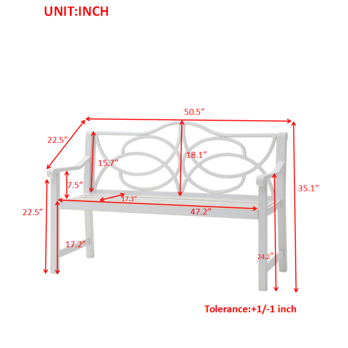 Outdoor Garden Patio Bench,Iron Metal Steel Frame Park Bench with Backrest and Armrest, Slatted Seat for Park, Yard & Porch, Balcony, Accommodates 2-3 People,White image 8
