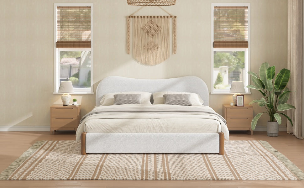 Queen Size Upholstered Platform Bed with Wood Supporting Feet, White image 4