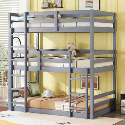 Triple Rubber Wood Bunk Bed with Two Built-in Ladders, Guardrails, Twin over Twin over Twin, Detachable Triple Twin Bunk Bed,Grey image 9