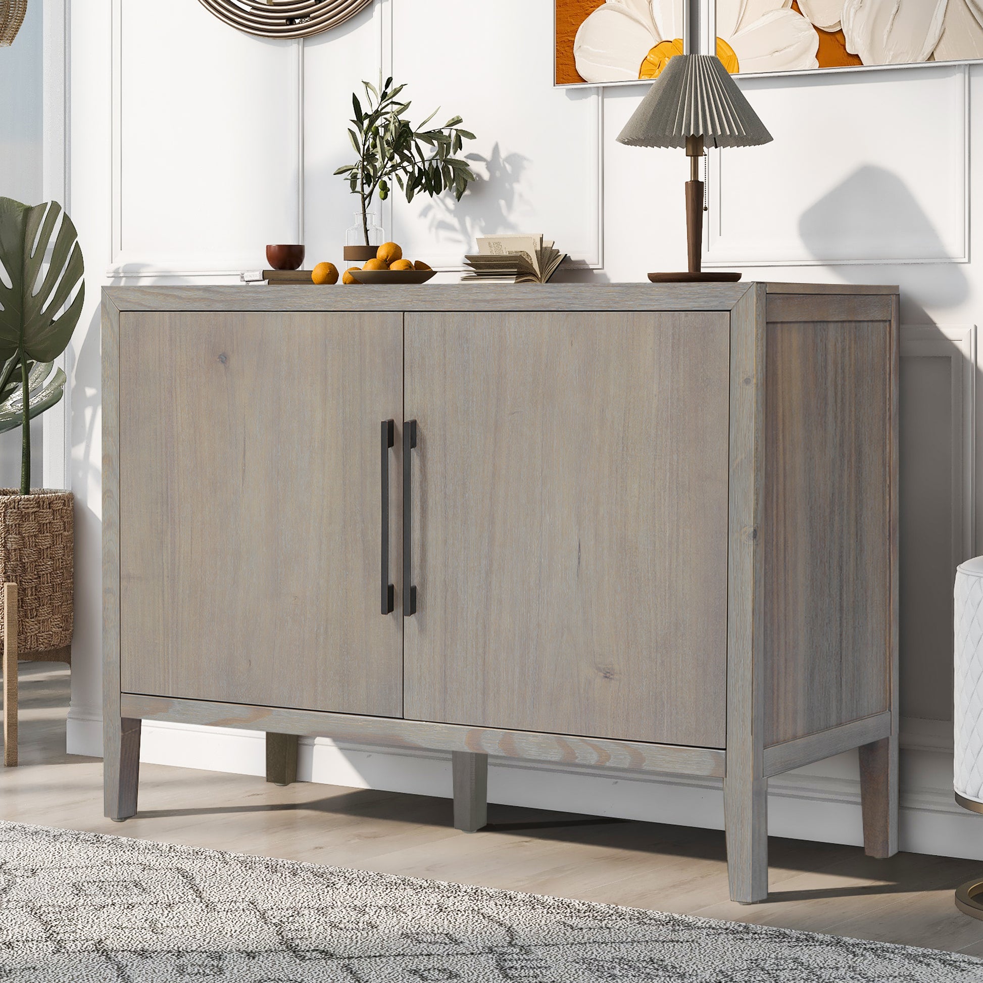 U_STYLE 47.25-Inch Farmhouse Sideboard with Pine Veneer and 2 Doors, Retro Buffet with Adjustable Feet, Minimalist Wooden Storage Cabinet with Metal Handles for Living Room, Kitchen image 2
