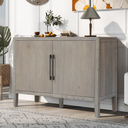 U_STYLE 47.25-Inch Farmhouse Sideboard with Pine Veneer and 2 Doors, Retro Buffet with Adjustable Feet, Minimalist Wooden Storage Cabinet with Metal Handles for Living Room, Kitchen image 2