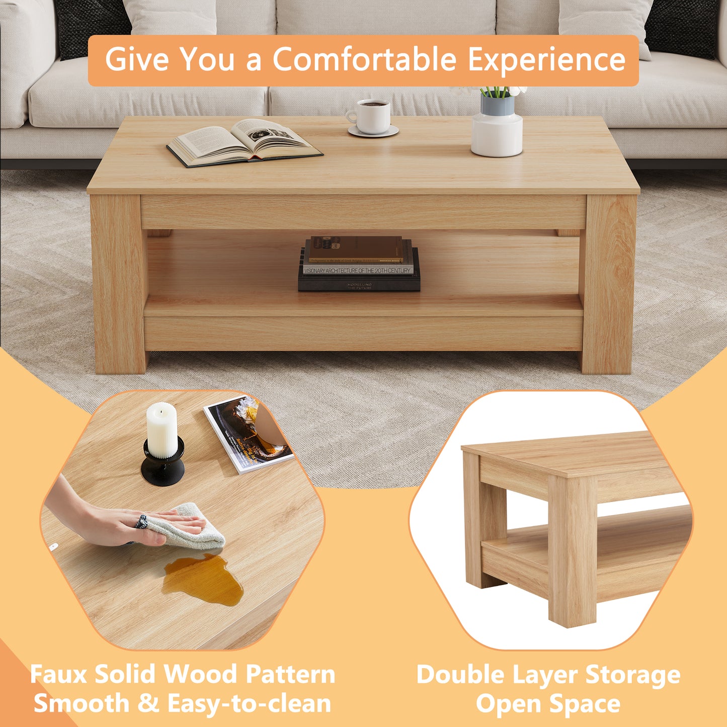 A modern and practical Natural Wood coffee table. The double layered coffee table is made of MDF material. Suitable for living room, bedroom, and study image 6