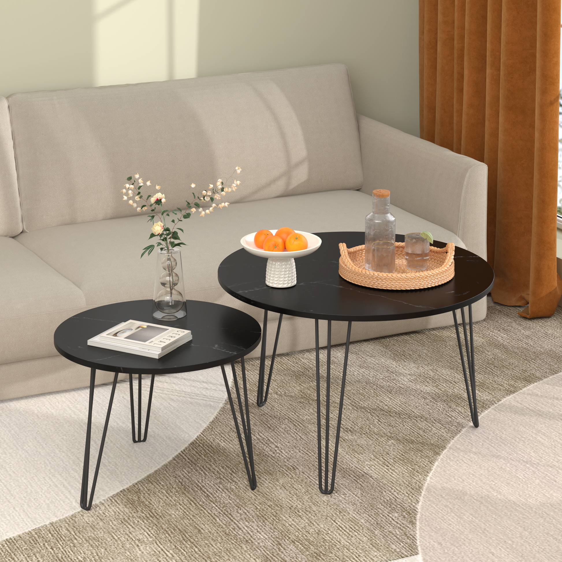 27.56'' Round Nesting Coffee Table Set of 2, Circular Nesting End Table Set, Round Marble Tabletop, and Sturdy Metal Base for Living Room, bedroom, Black image 8