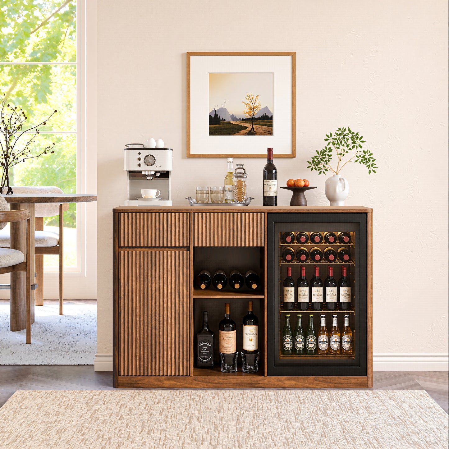 51" Fluted Bar Cabinet with Fridge Space (Fridge Not Included), Modern Coffee Station with Charging Hub & Wine Glass Rack, Walnut Buffet Sideboard for Home Beverage & Liquor Storage. image 4