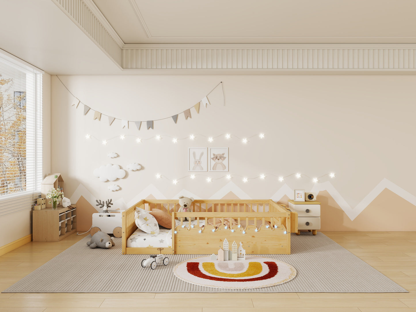 Full Montessori Floor Bed Frame with High Rails, Wood Kids Floor Beds with Light and Storage Shelf, Natural (Expect Arrival Date 2025/8/15) image 6