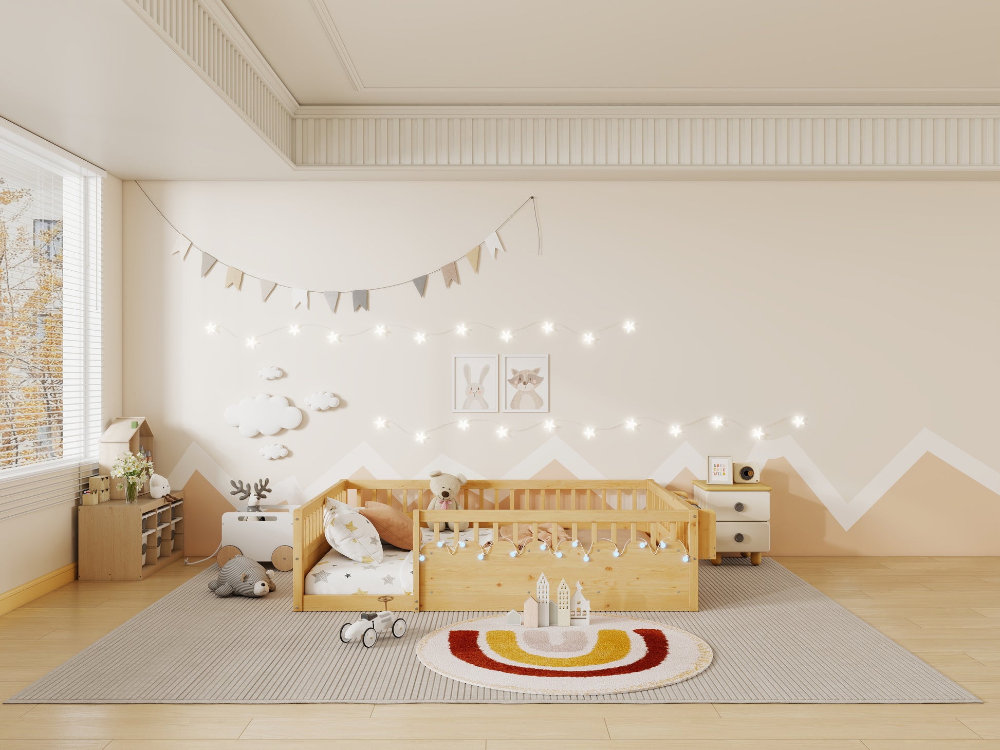 Full Montessori Floor Bed Frame with High Rails, Wood Kids Floor Beds with Light and Storage Shelf, Natural (Expect Arrival Date 2025/8/15) image 6