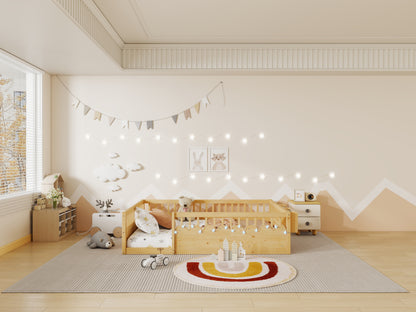 Full Montessori Floor Bed Frame with High Rails, Wood Kids Floor Beds with Light and Storage Shelf, Natural (Expect Arrival Date 2025/8/15) image 6
