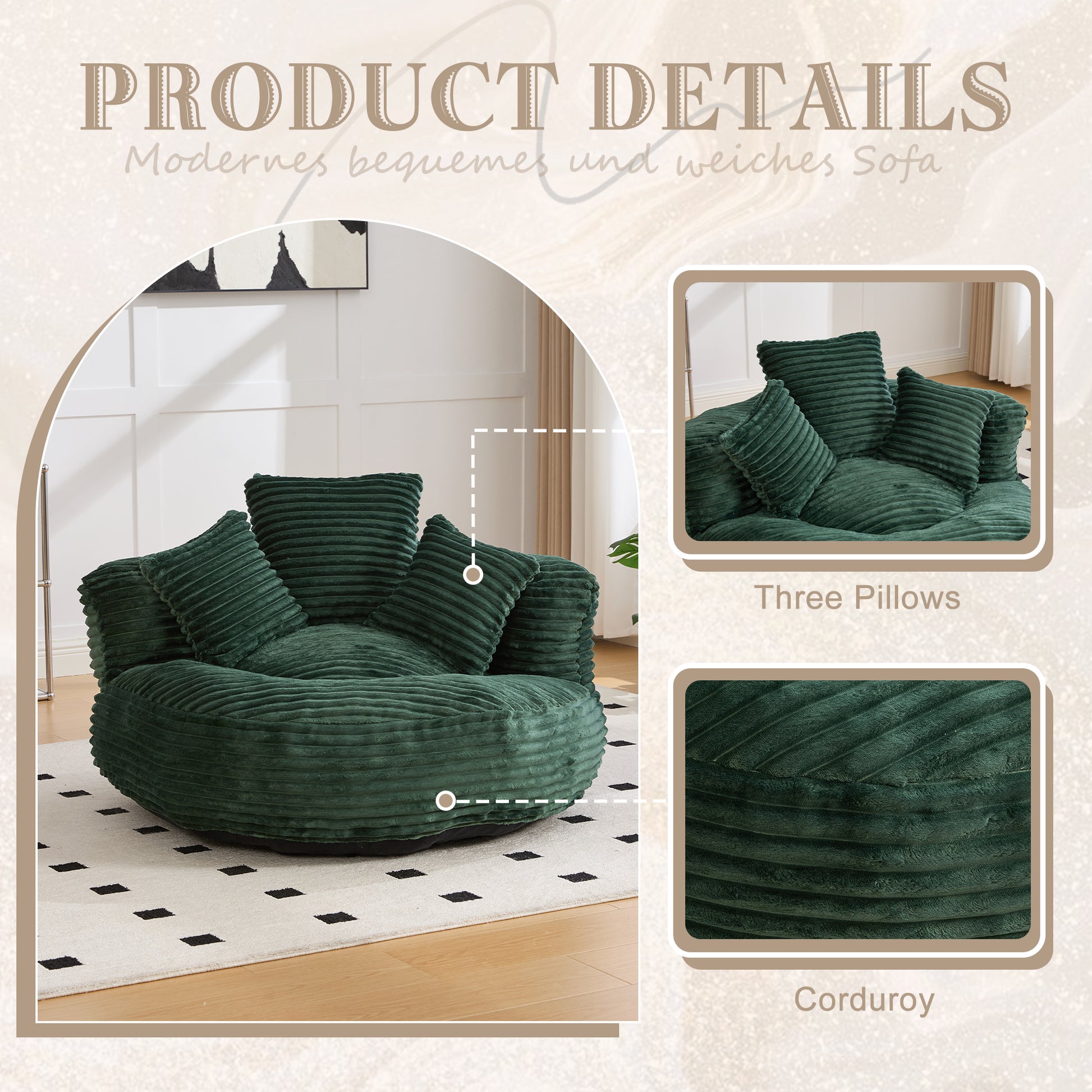 Single Bean Bag Chairs, Bean Bag Sofa for Adults, Kids,Corduroy Bean Bag Chair with 3 Pillows & Armrest,Beanbag Chair & Lazy Sofa with Foam Filler for Bedroom Living Room Dorm image 4