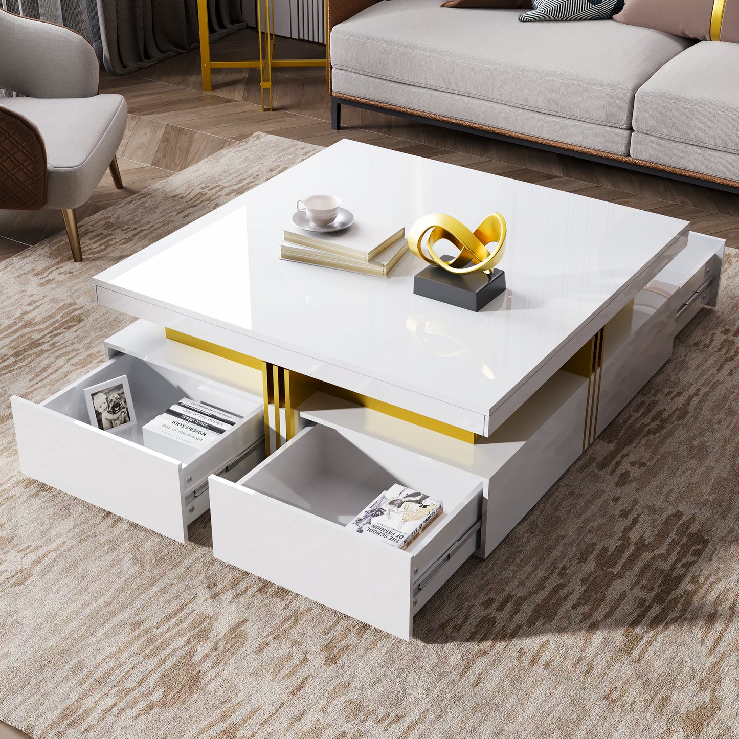 Modern Glossy Square Storage Coffee Table with 4 Drawers, 43.3", White image 8