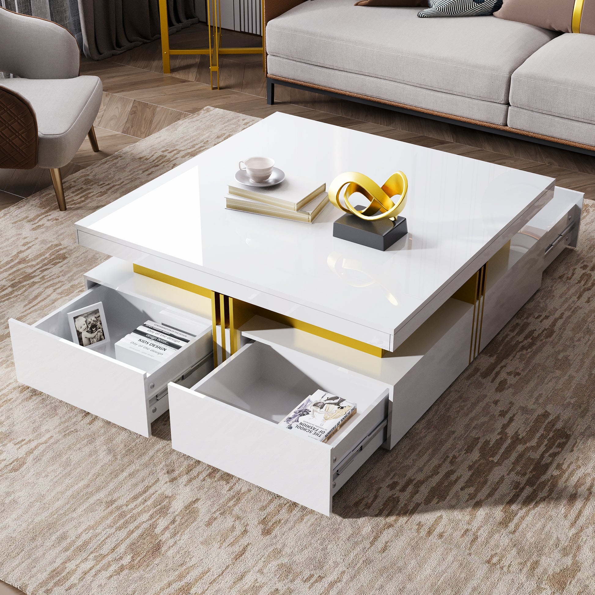 Modern Glossy Square Storage Coffee Table with 4 Drawers, 43.3", White image 8