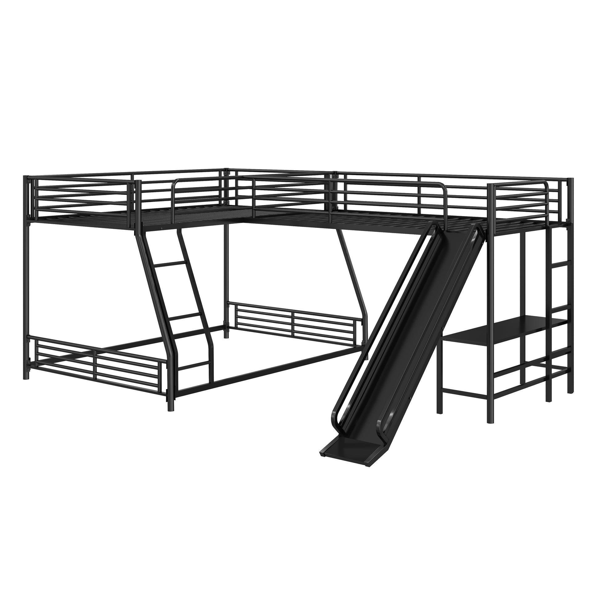L-Shaped Twin over Full Bunk Bed with Twin Size Loft Bed,Built-in Desk and Slide,Black image 12