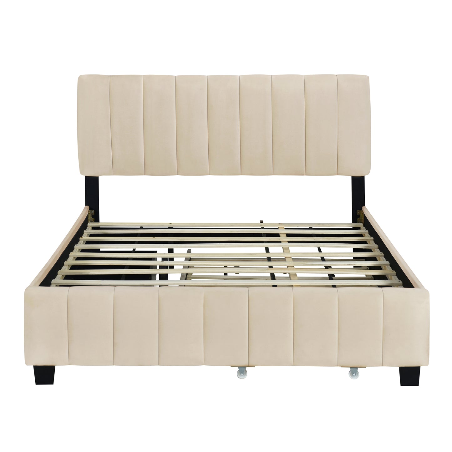 Queen Size Velvet Upholstered Platform Bed with 2 Drawers and 1 Twin XL Trundle- Beige image 4