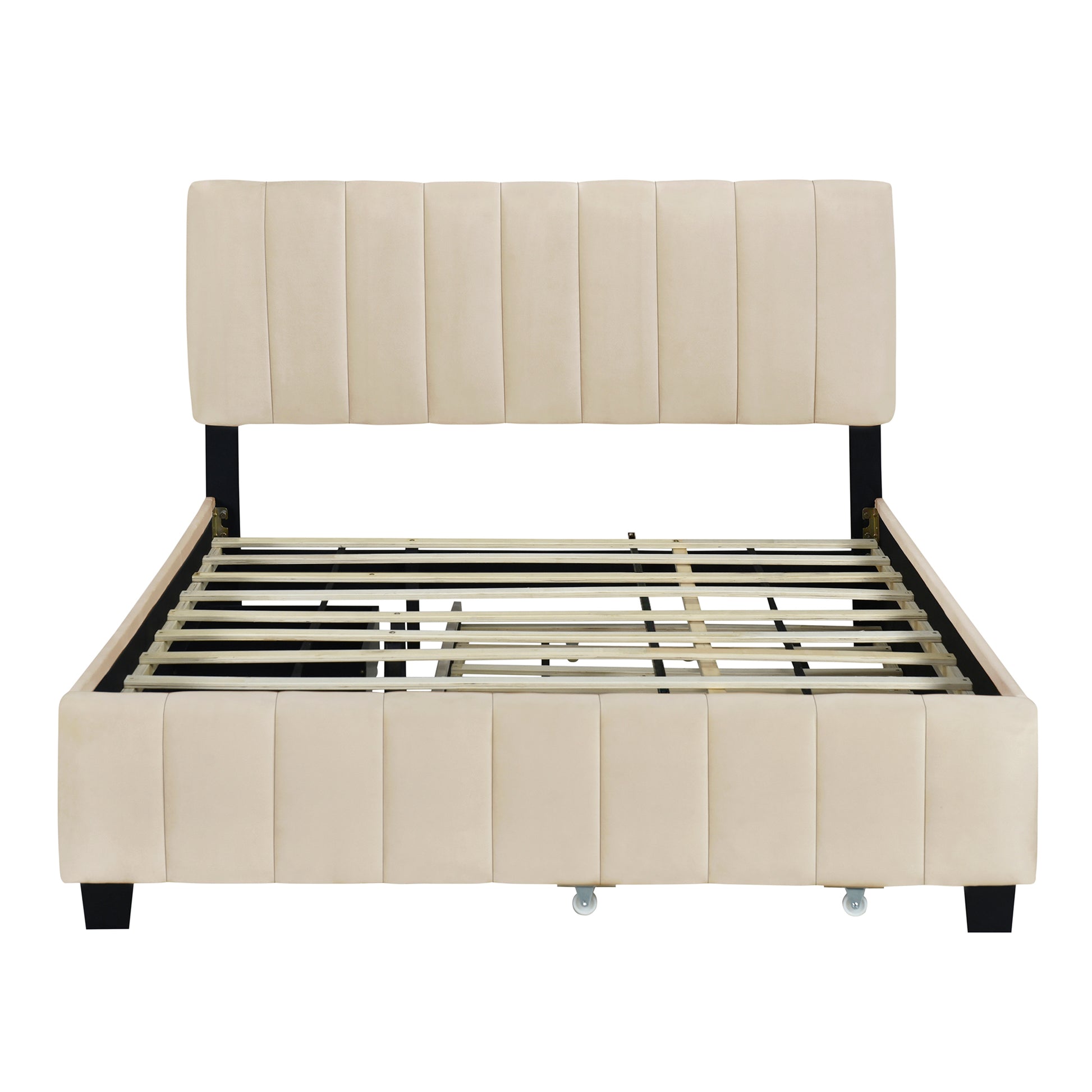 Queen Size Velvet Upholstered Platform Bed with 2 Drawers and 1 Twin XL Trundle- Beige image 4